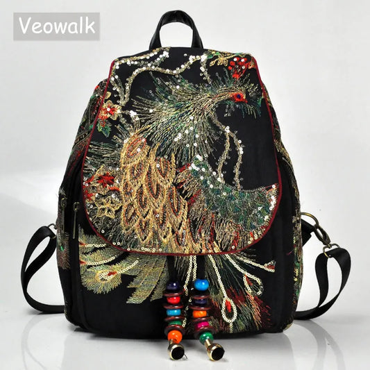 Veowalk Embroidered Canvas Backpack - Peacock Floral Mini Rucksack