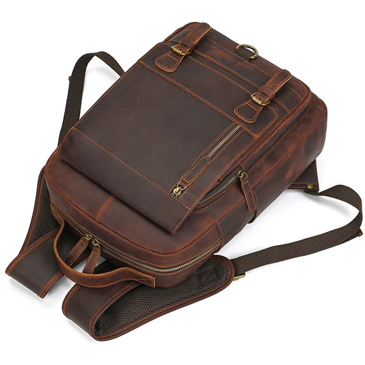 Crazy Horse Leather Laptop Backpack - Genuine Cowhide Travel Bag