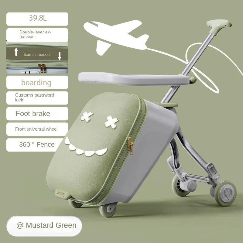 Ride-On Kids Luggage - Foldable Trolley Suitcase with Brakes