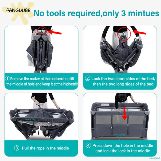 PANGDUBE 4-in-1 Foldable Baby Crib with Rocker and Changing Table