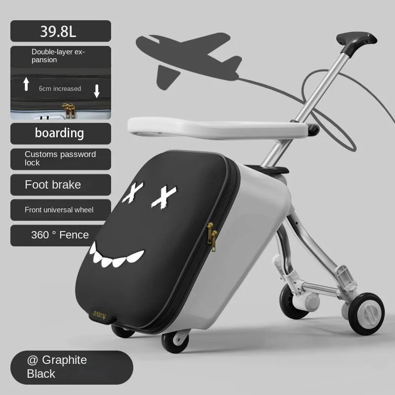 Ride-On Kids Luggage - Foldable Trolley Suitcase with Brakes
